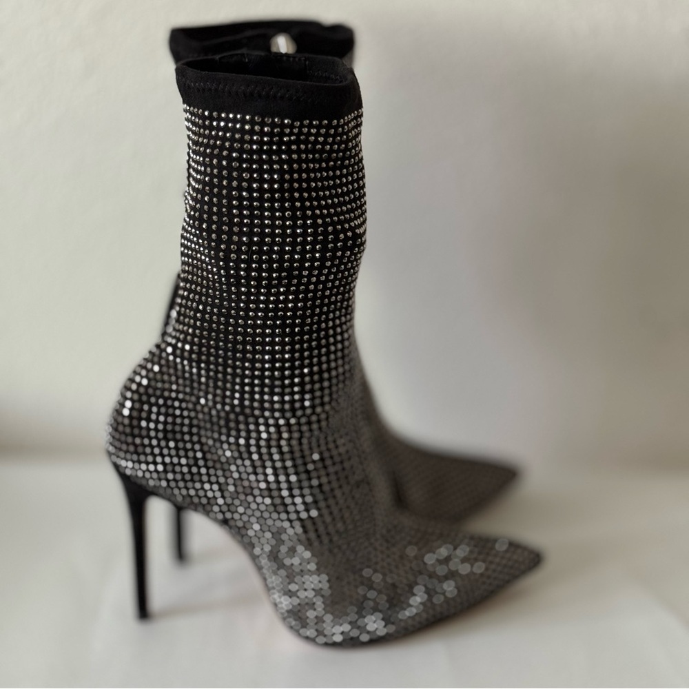 NEW! SCHUTZ Sybil Studded Point Toe High Heel Black Rhinestone Embellished Boots - Picture 7 of 12